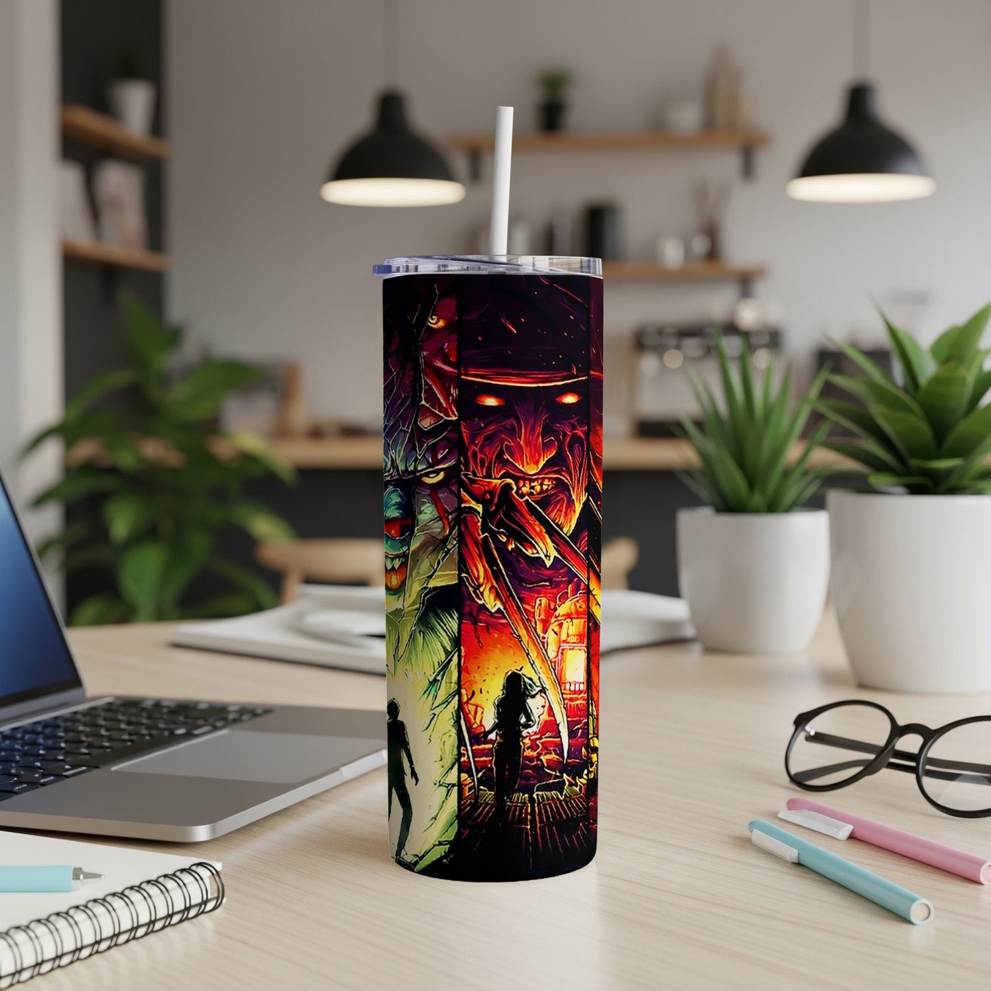 Tumbler with Freddy Krueger and Jason Voorhees artwork.