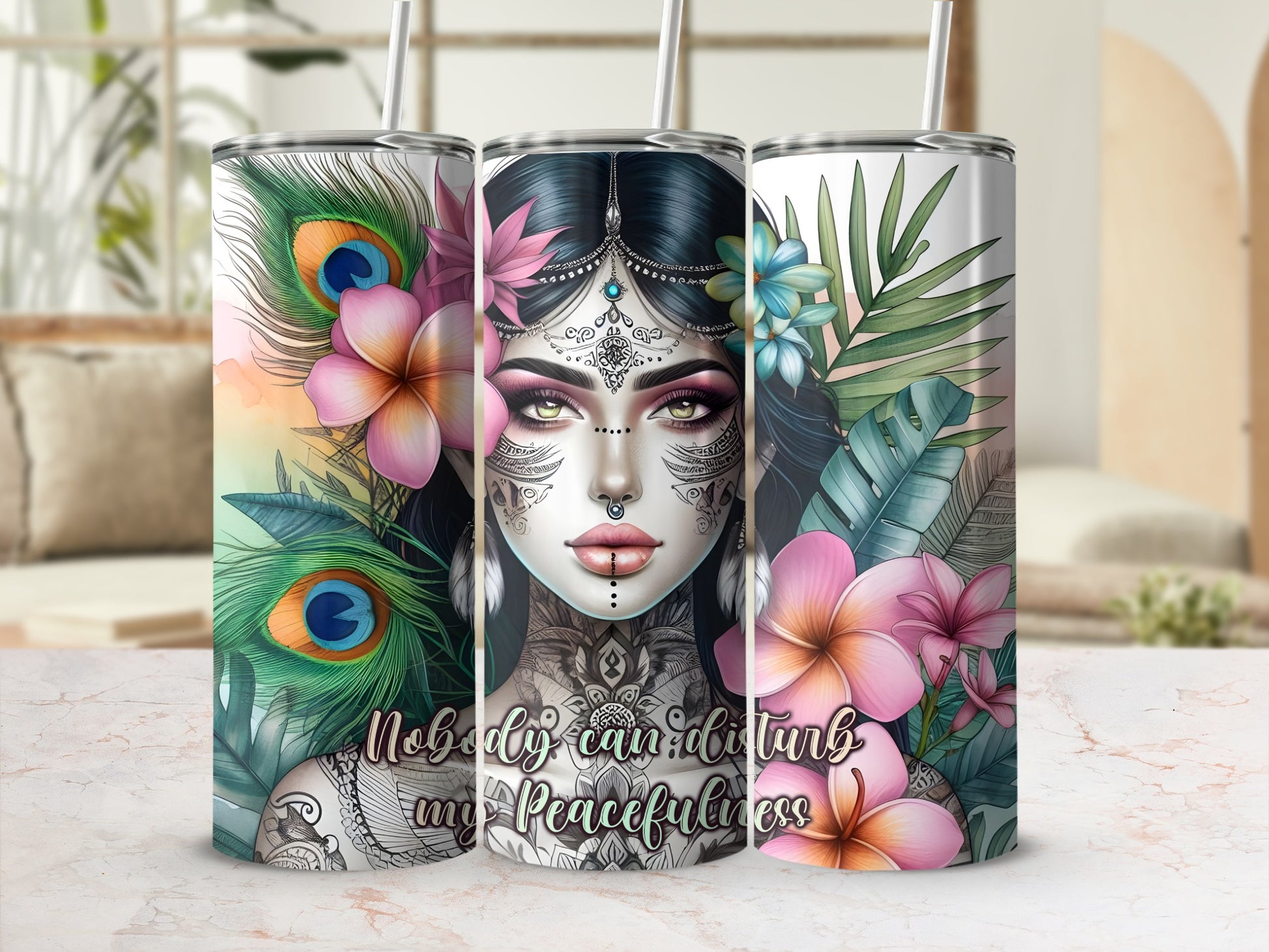 Woman with ornate face tattoos and feathers, text "nobody can disturb my peacefulness".