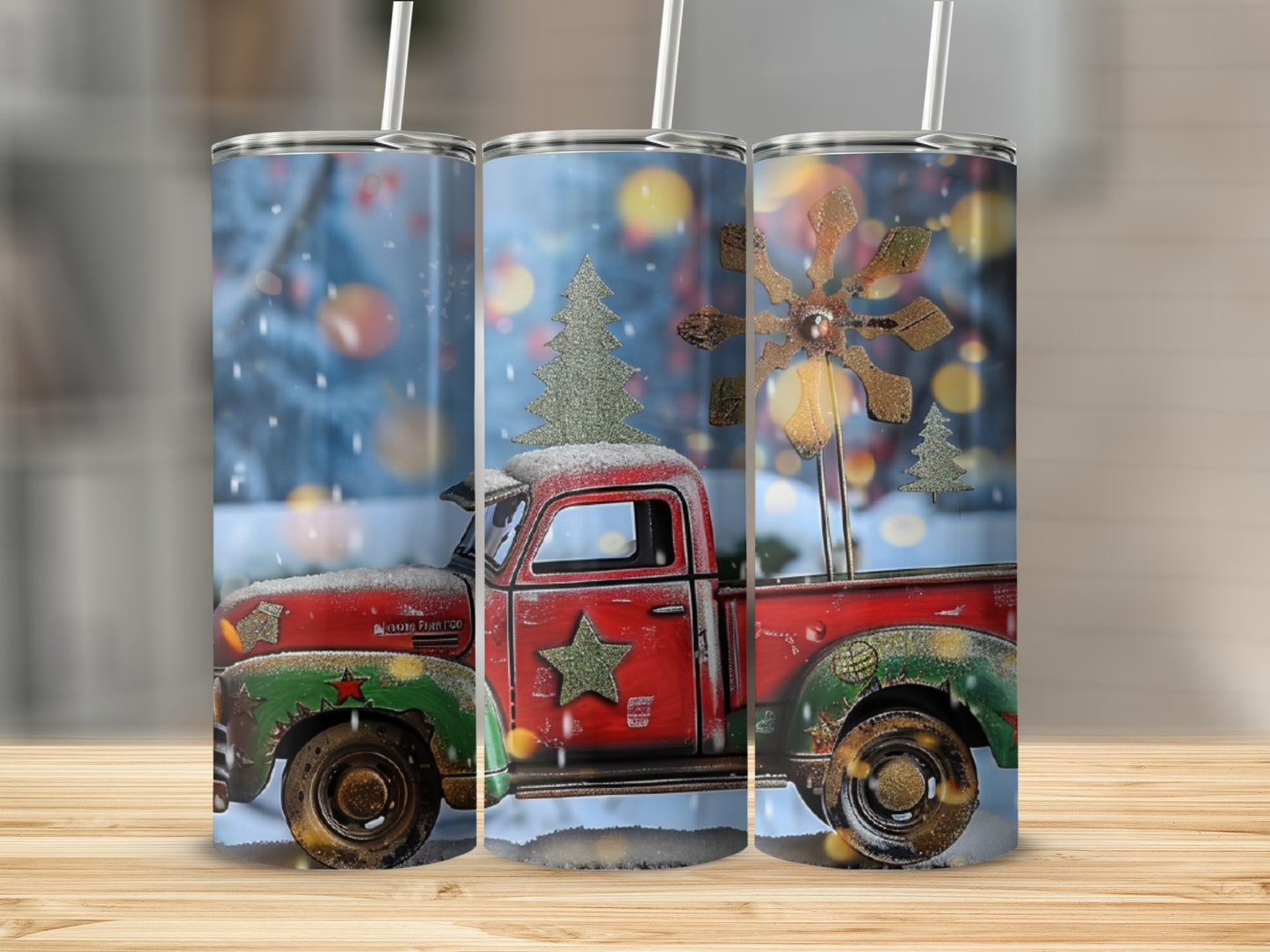 Red truck with Christmas tree and snow, t-shirt design mockup.