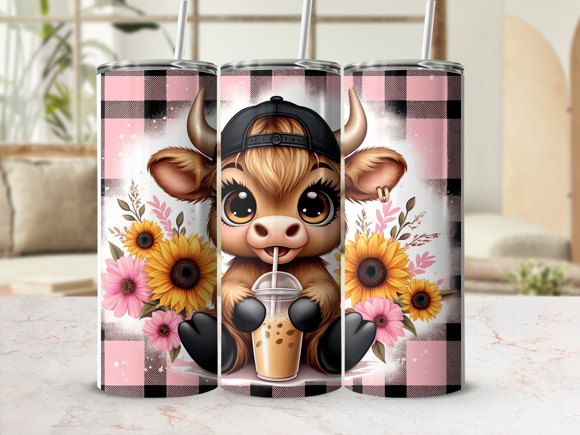 Cute cow with a baseball cap holding a coffee cup, surrounded by sunflowers.