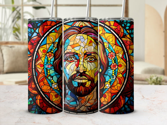 Jesus portrait with stained glass pattern on a tumbler.