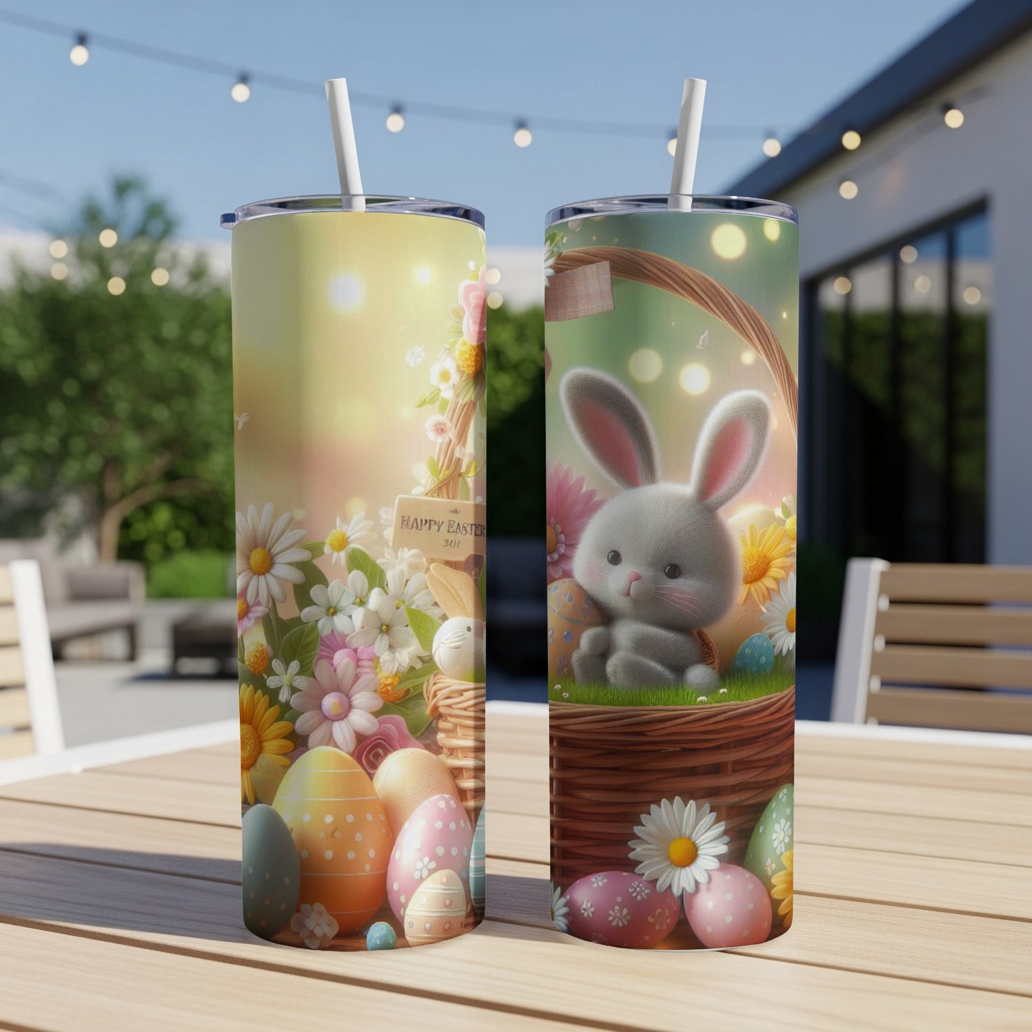Two tumblers featuring a cute bunny and Easter eggs in a spring garden theme.