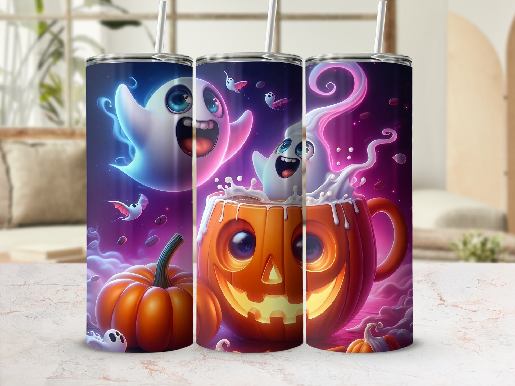 Three tumblers with Halloween ghosts, a jack-o'-lantern mug, and pumpkins.