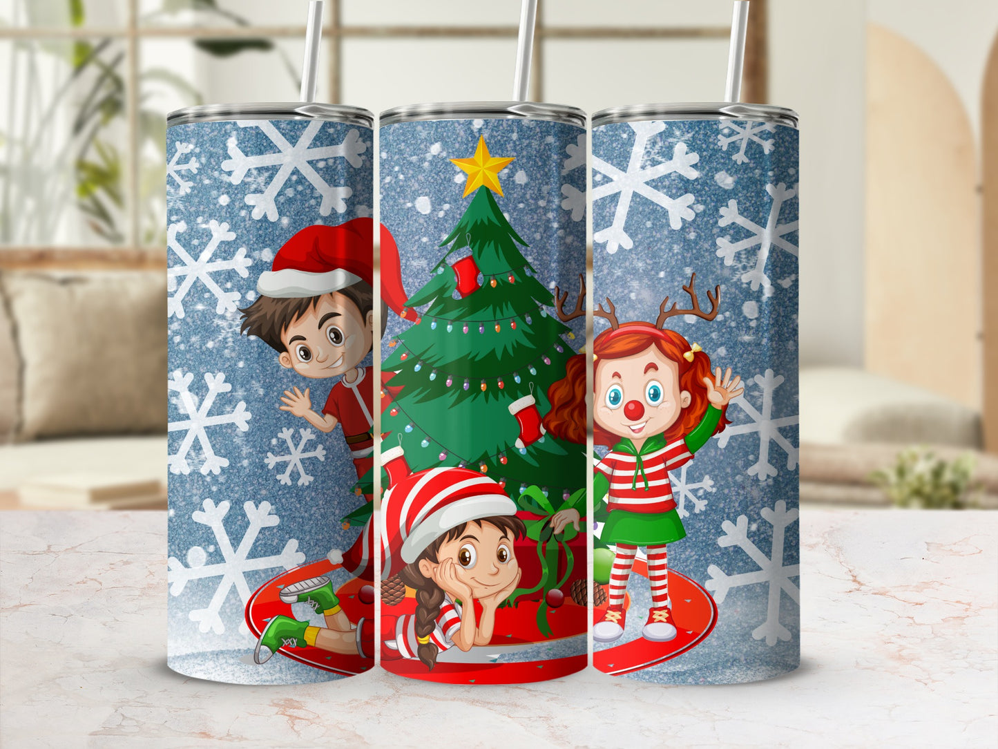 Christmas Holiday Kids and Snowflakes Tumbler