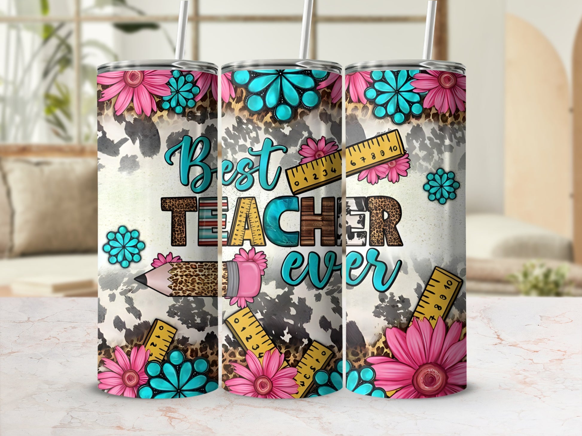 Tumbler with "Best Teacher Ever" text and floral, pencil, ruler, and cow print designs.