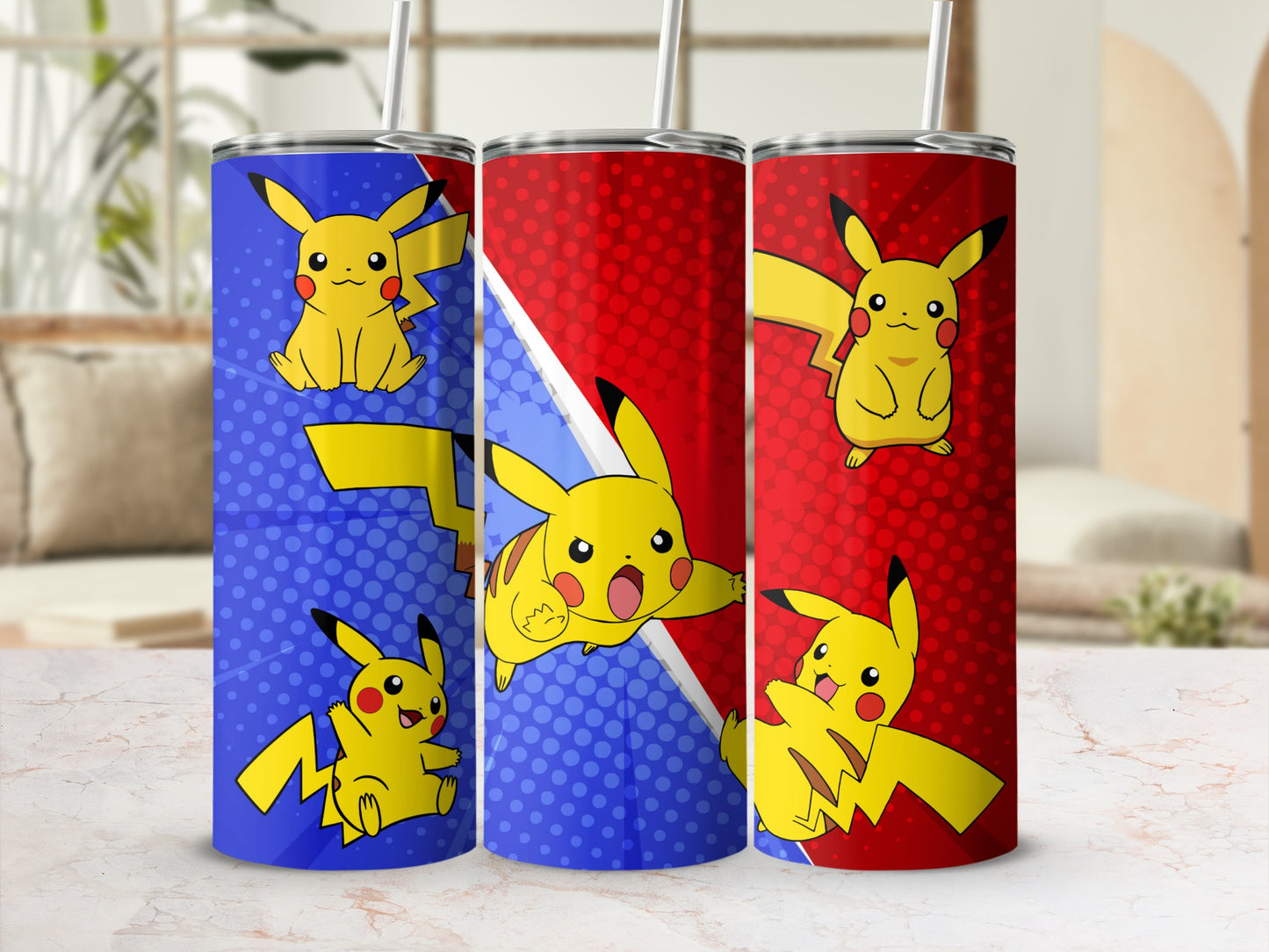Pikachu Character Blue and Red Tall Tumblers