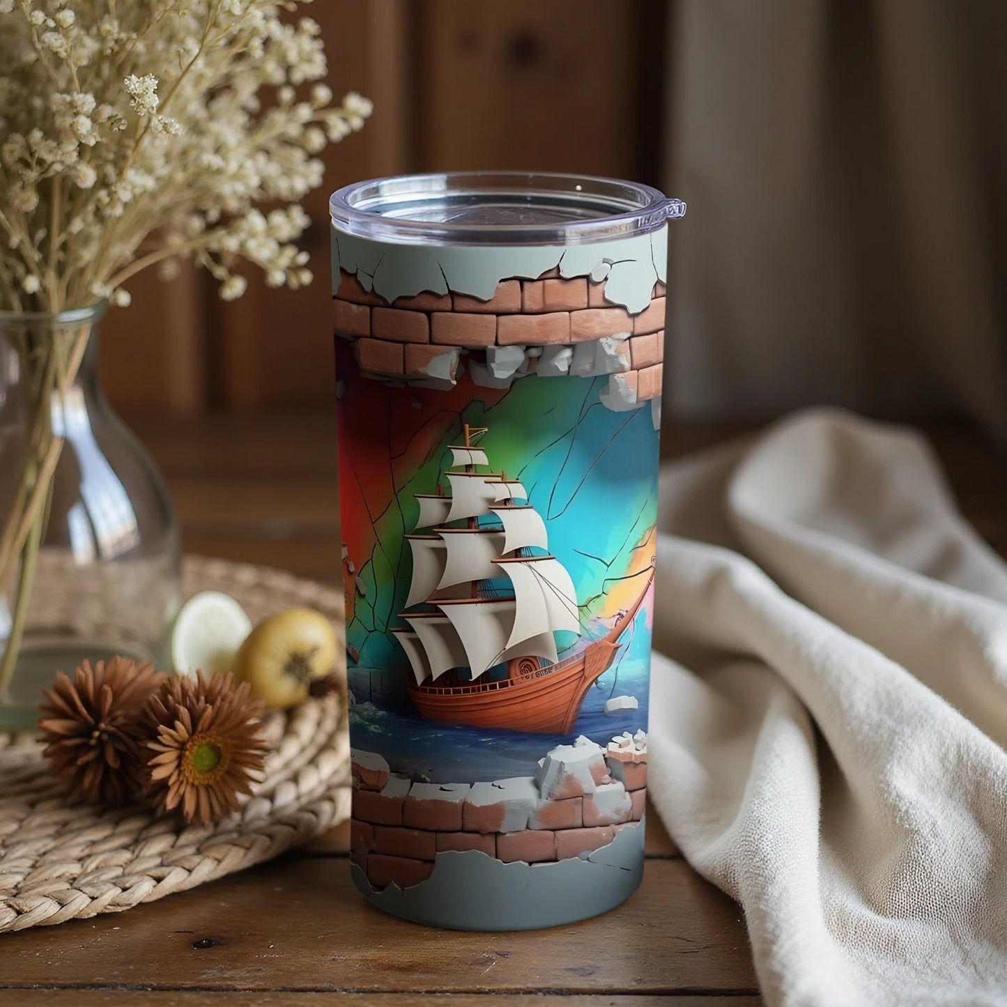 Artistic Ship and Rainbow Tumbler for Everyday Use