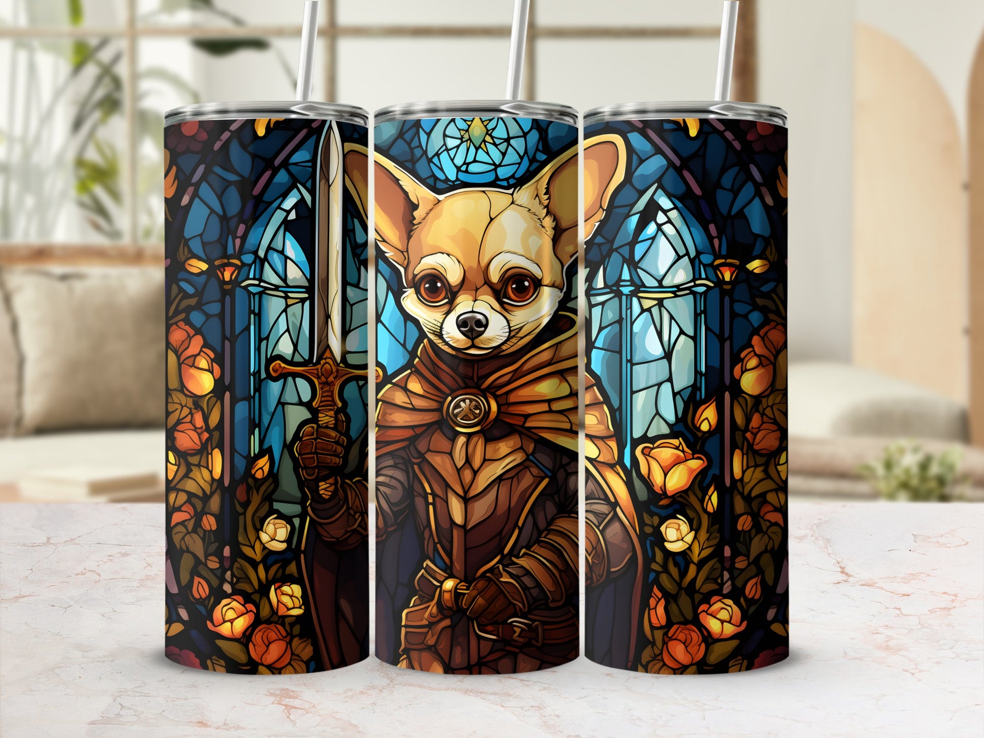 Chihuahua knight in armor holding sword with stained glass rose background.