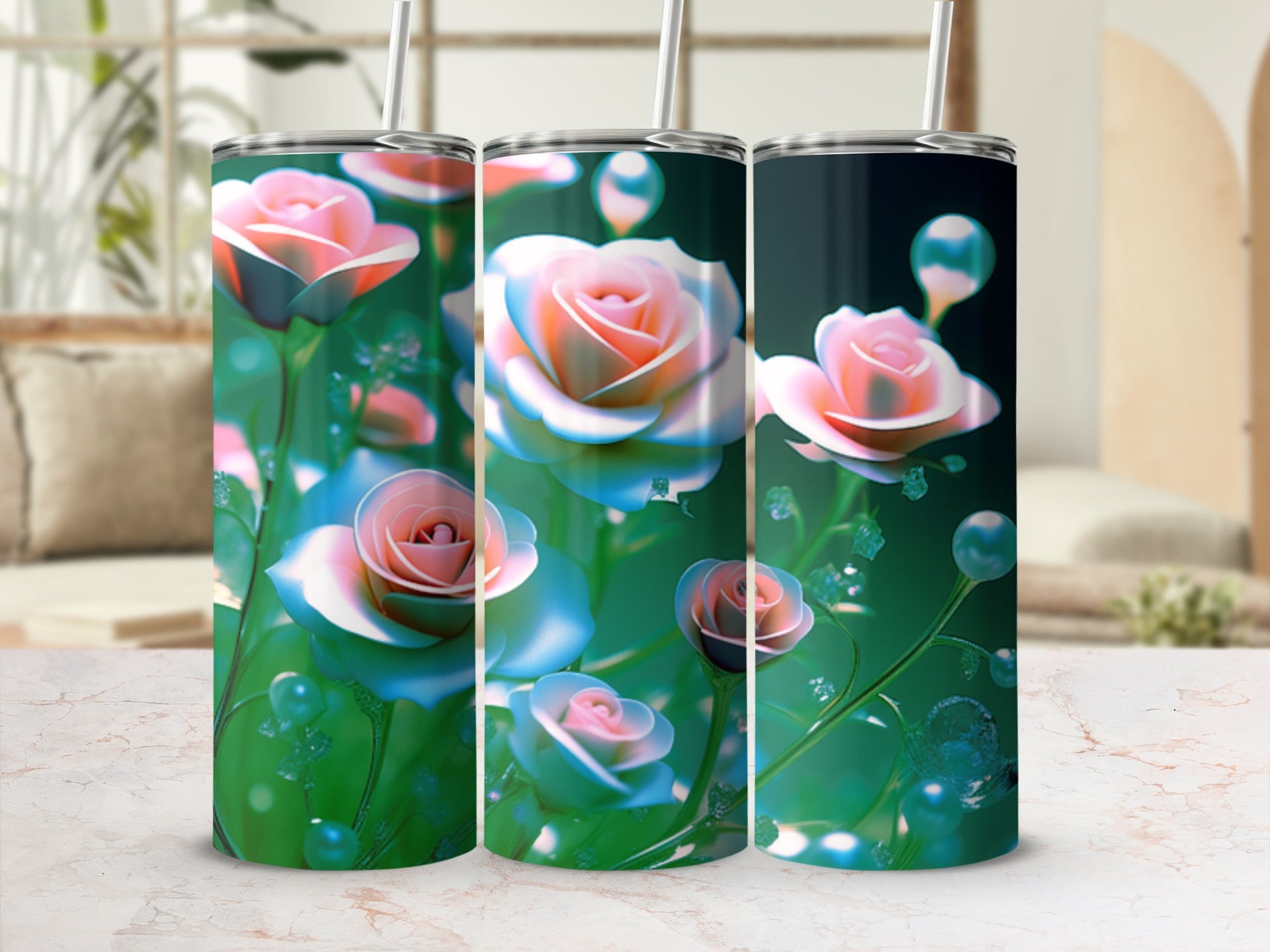 Three tumblers with pink and blue roses and green accents.