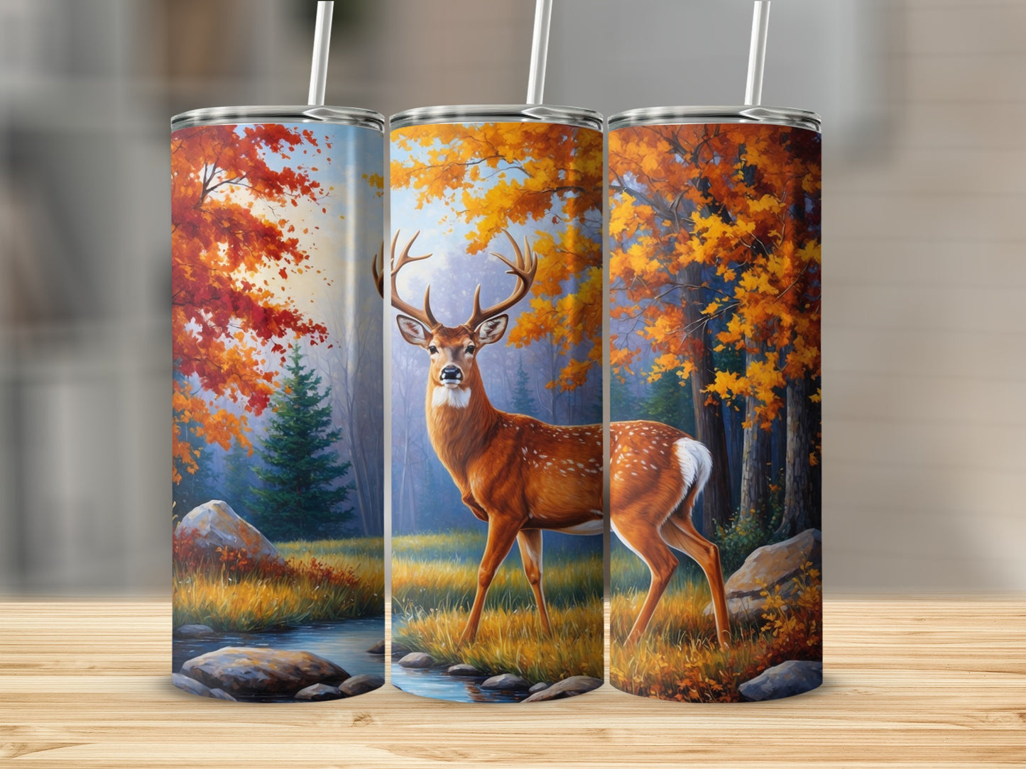 Deer in autumn forest with colorful leaves and stream.