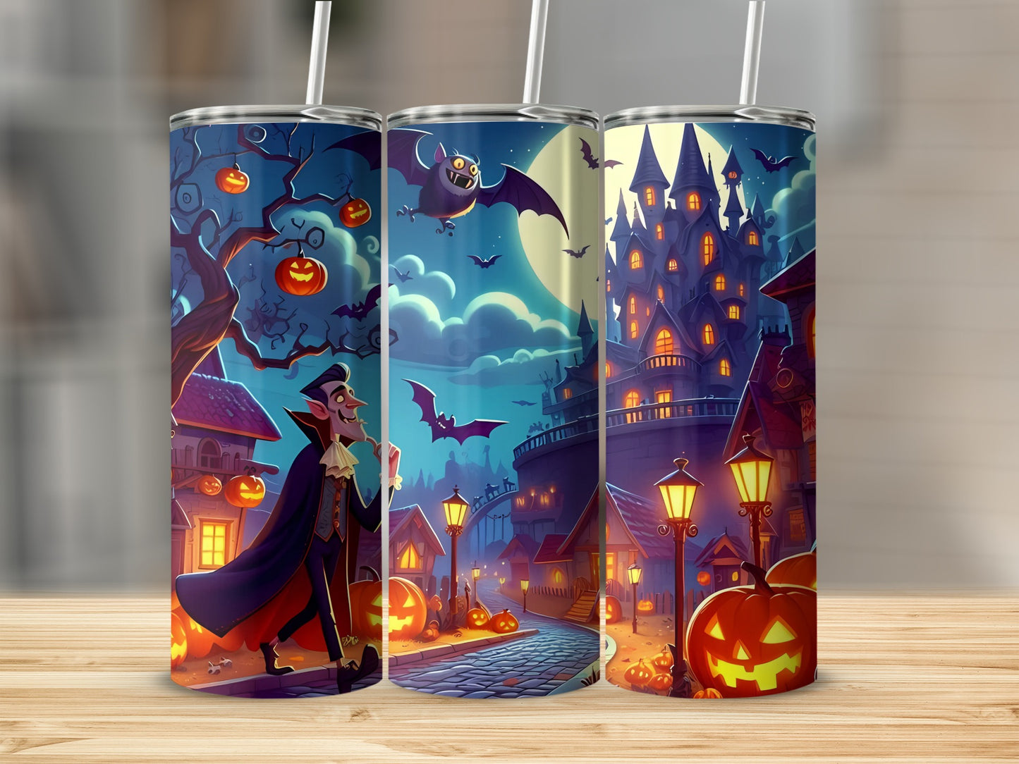 Three tumblers display Halloween scenes with vampires, bats, pumpkins, and a spooky castle.