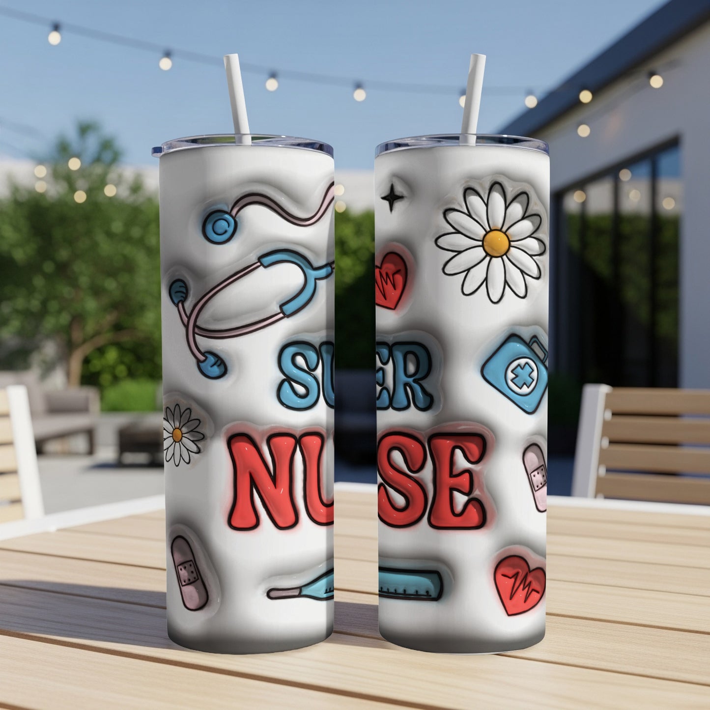 "Super Nurse" tumbler with medical icons like stethoscope, thermometer, and hearts.