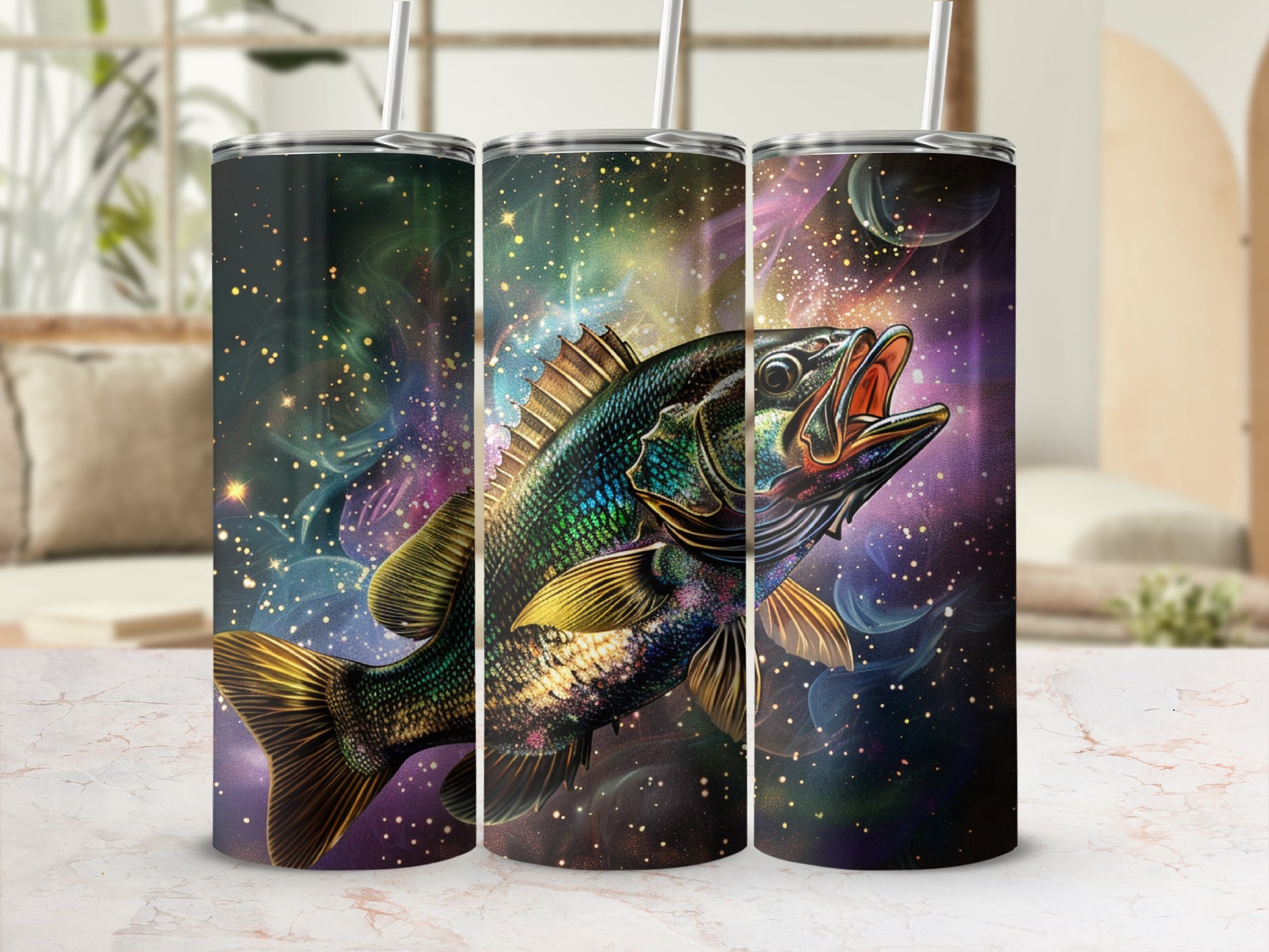 Cosmic bass fish leaping from colorful nebulae, 30oz tumbler.