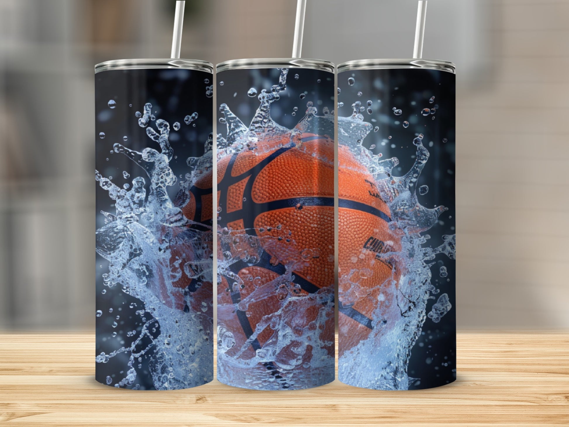 Basketball with water splash on three tumblers.