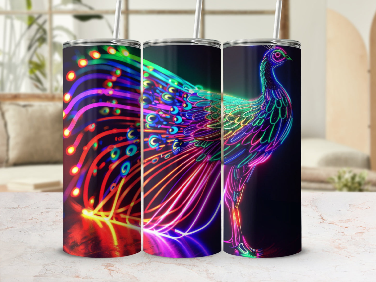 Three tumblers with a neon peacock design and flowing colorful light trails.