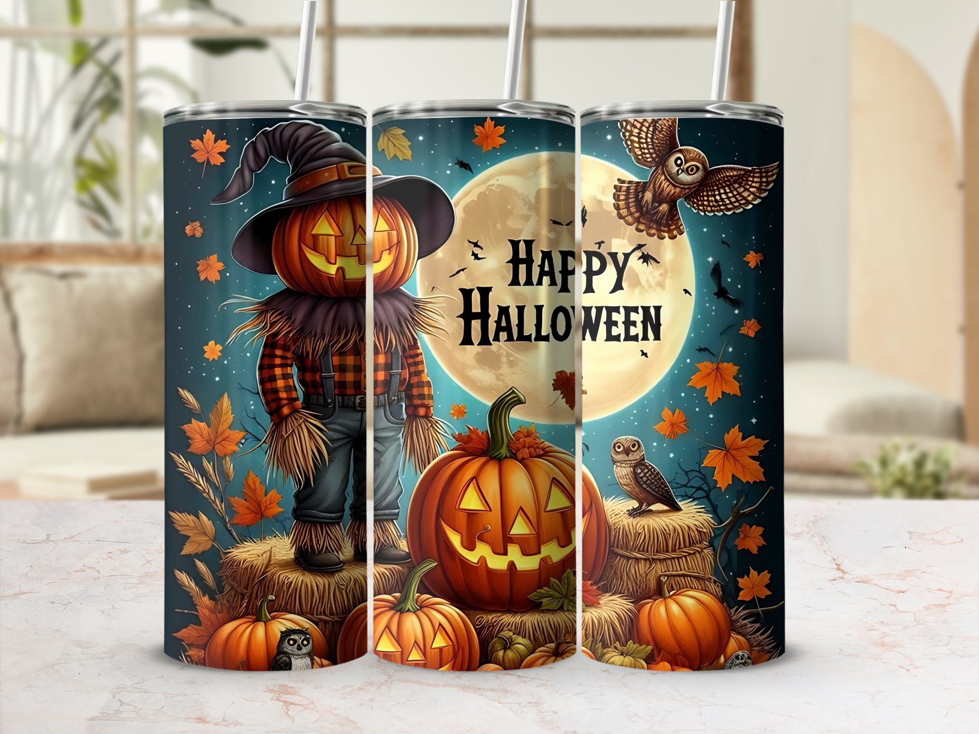 Spooky Happy Halloween Pumpkin Owl Straw Tumbler