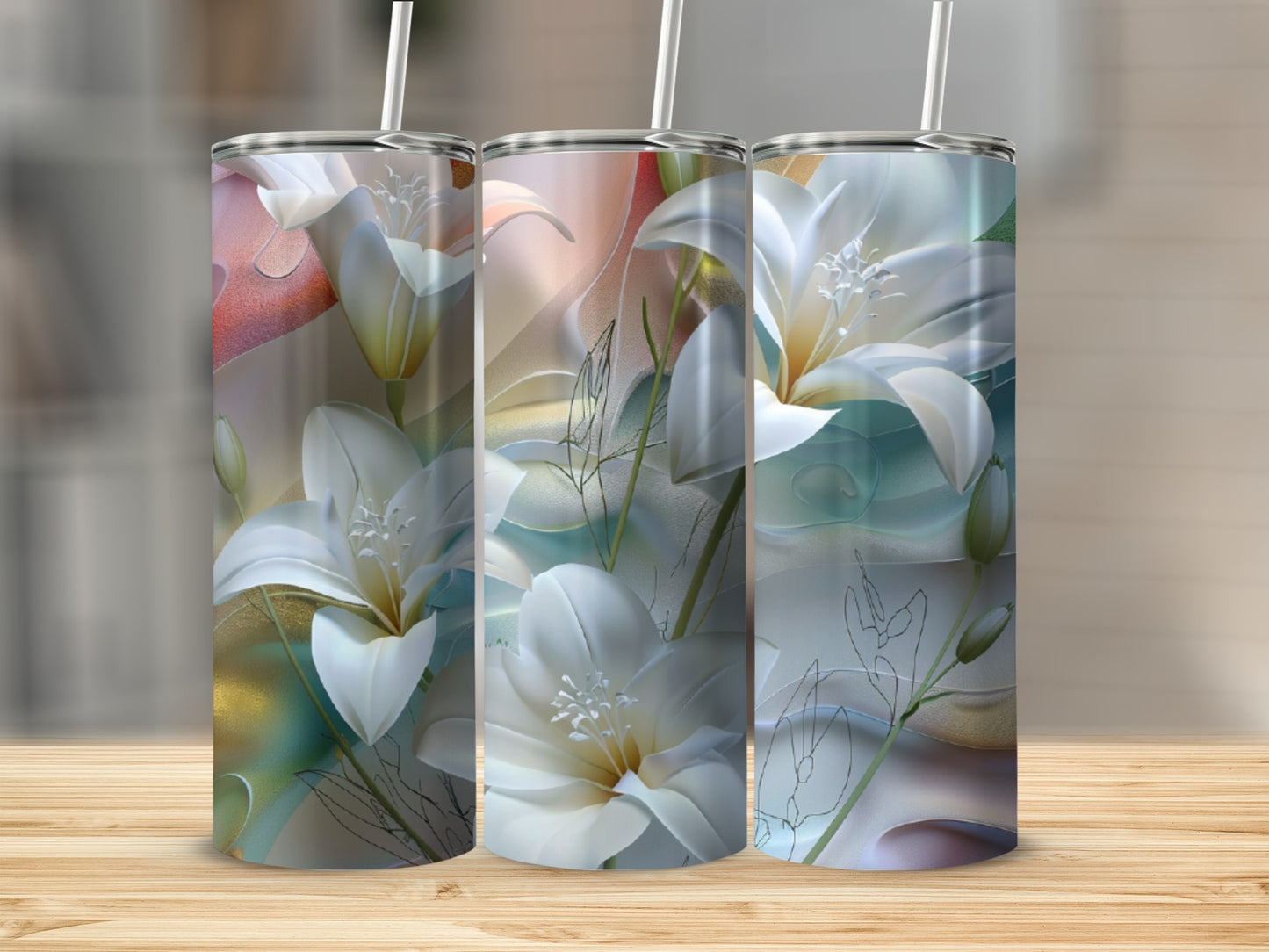 Three white lilies with green leaves and abstract artistic elements.