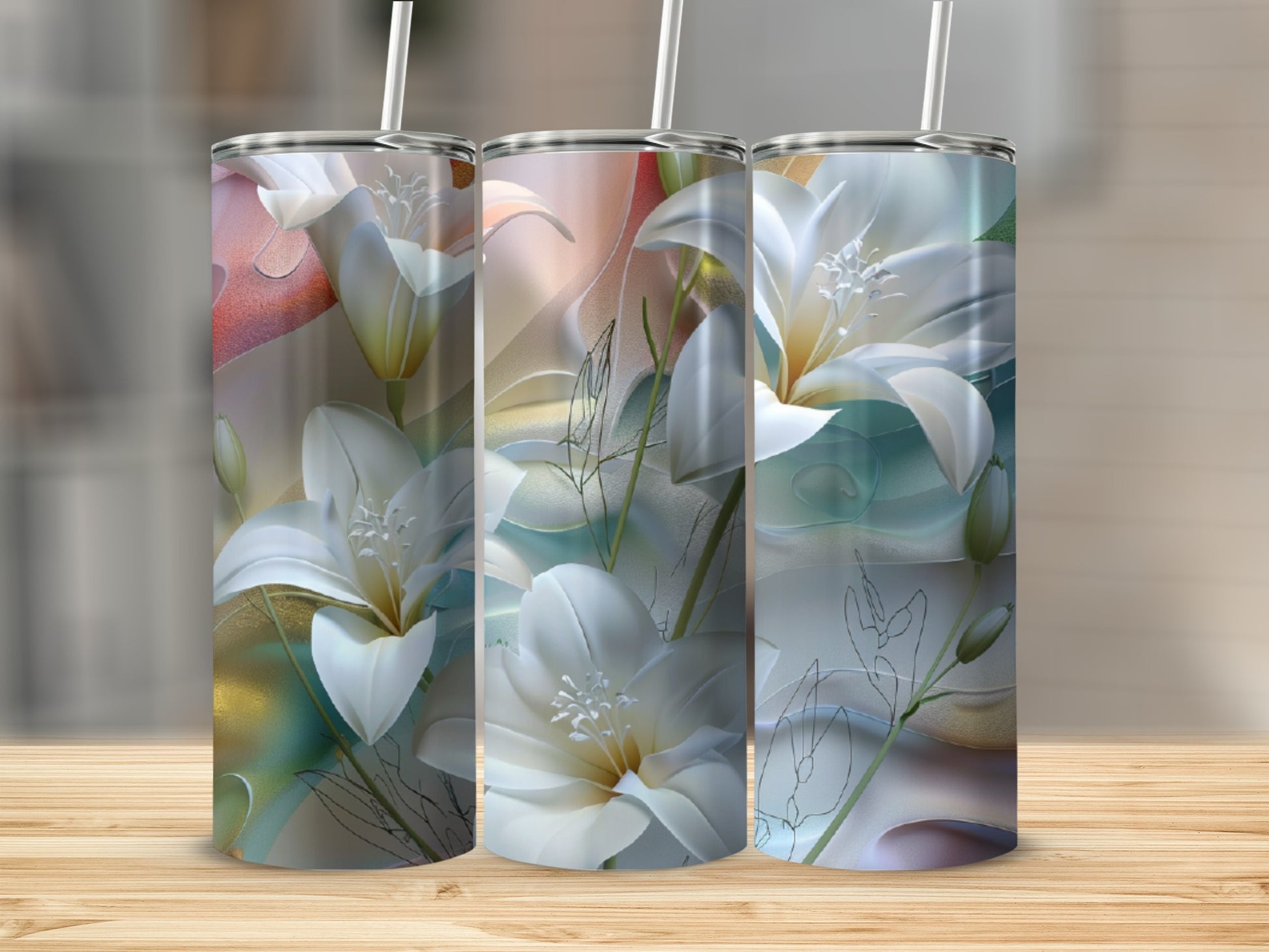 Three white lilies with green leaves and abstract artistic elements.