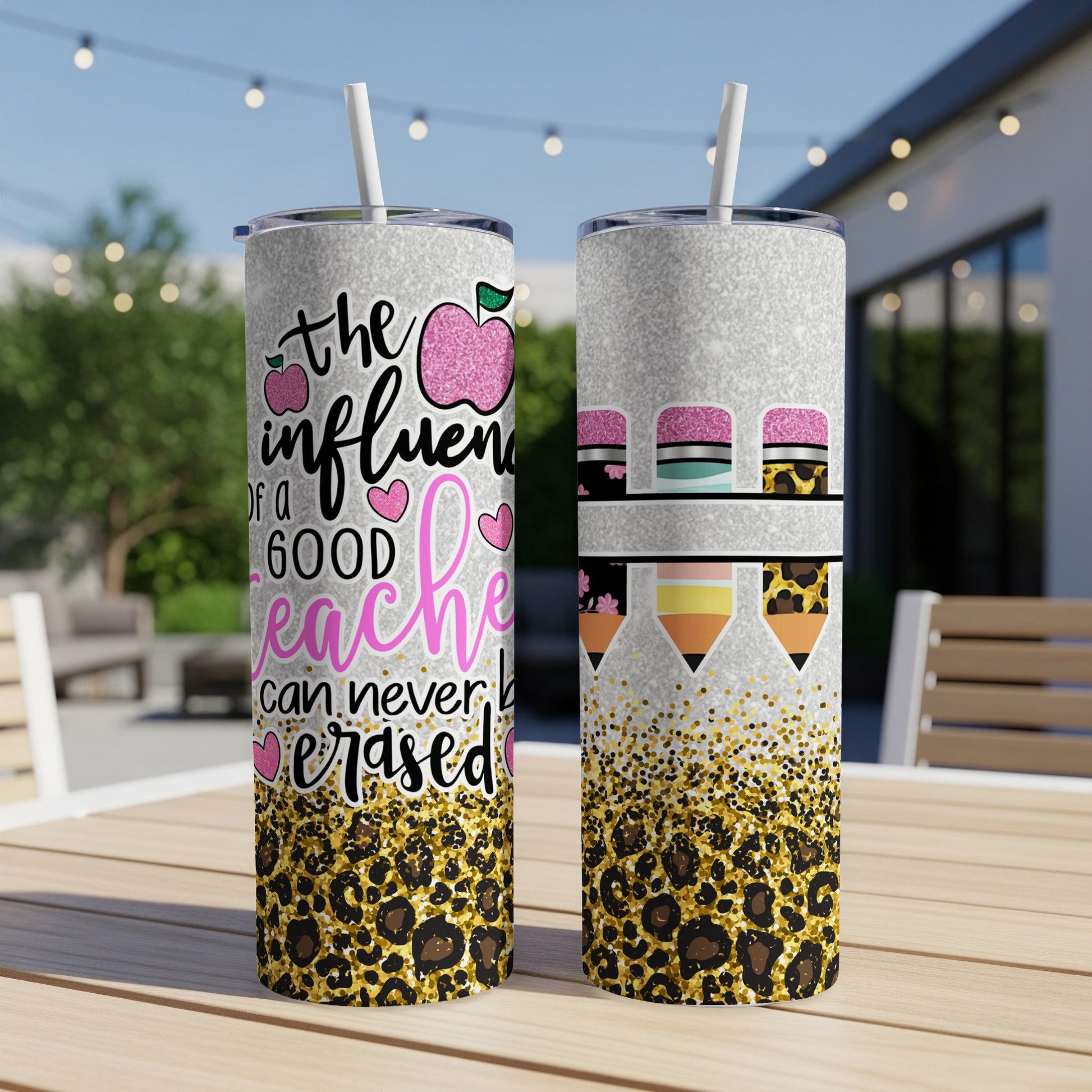Two tumblers featuring a leopard print base and teacher-themed graphics.