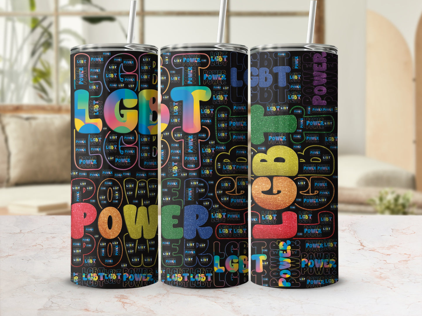 Tumbler with "LGBT POWER" repeated in rainbow colors.