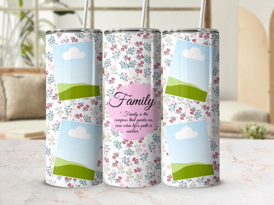 Floral tumbler with empty photo frames and "Family is the compass that guides us" quote.