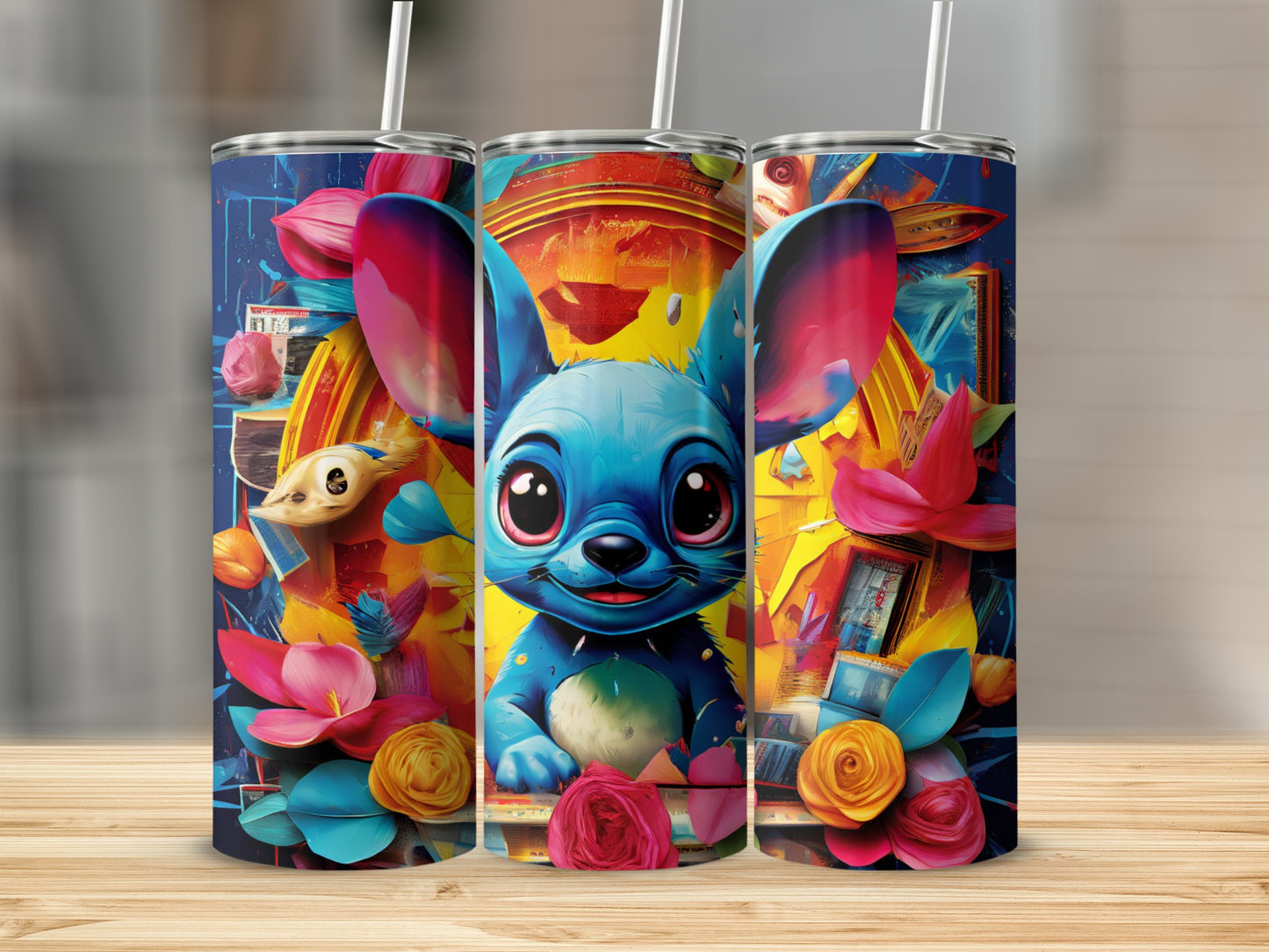 Blue cartoon alien character with large ears and colorful flowers on a tumbler.