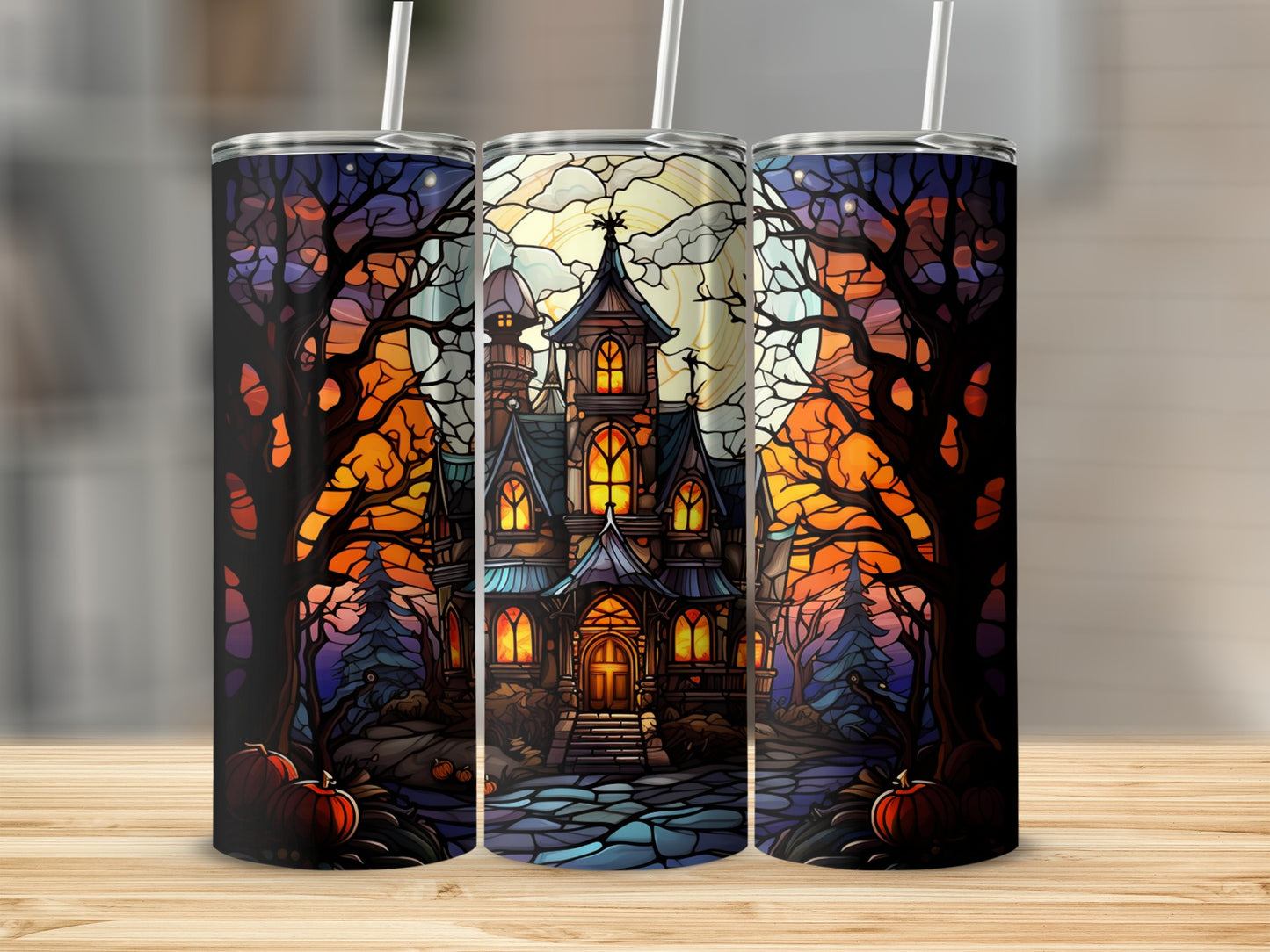 Haunted house with stained glass windows and pumpkins, framed by dark trees.
