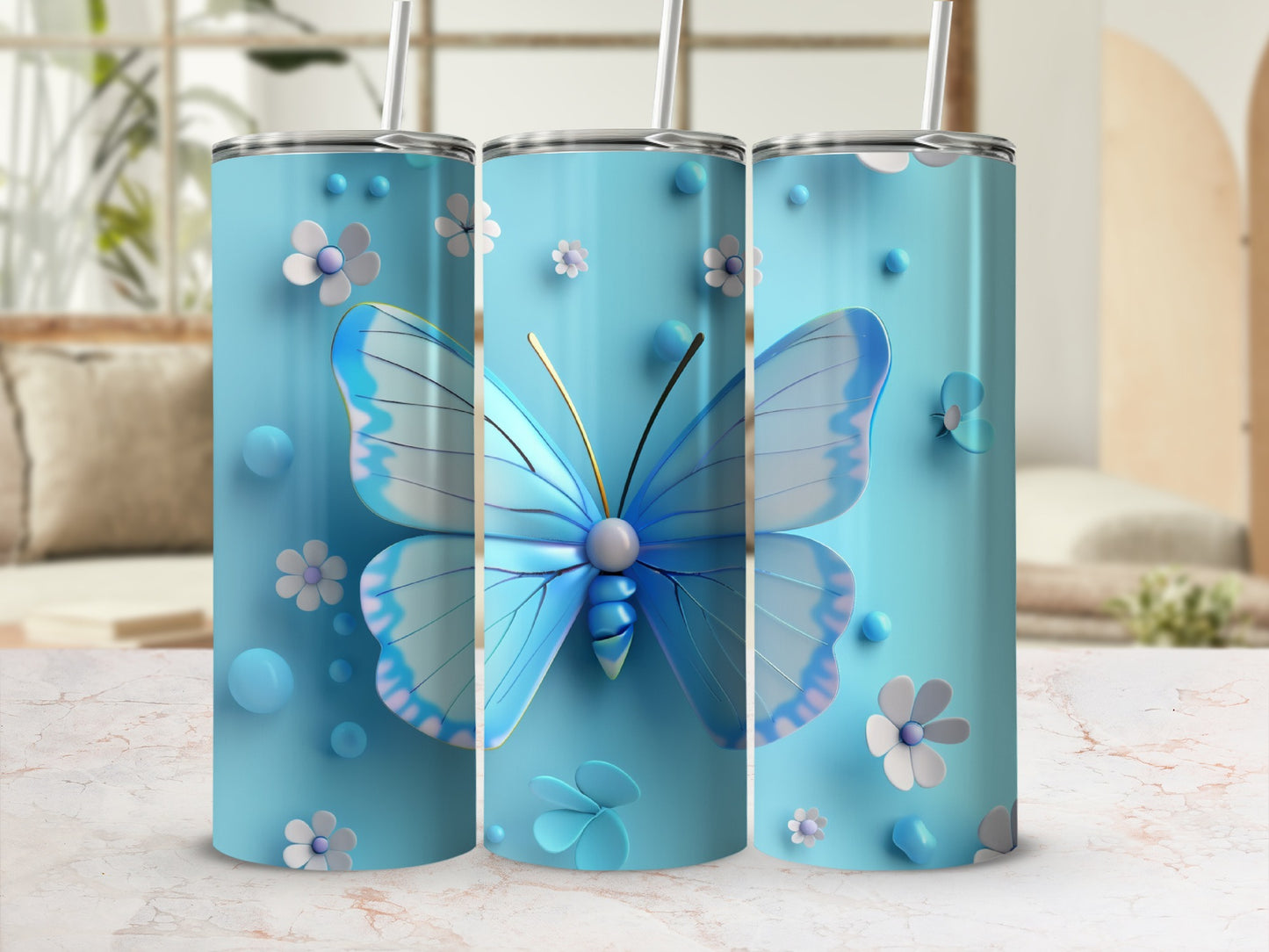 Blue butterfly and floral pattern on a three-panel tumbler.