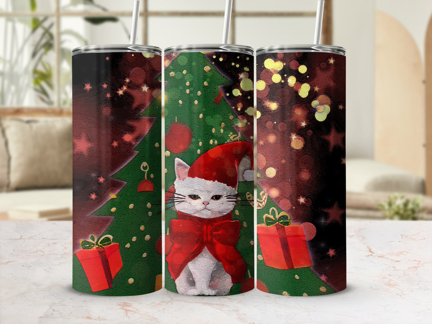 Christmas cat in Santa hat with tree and gifts on a tumbler.