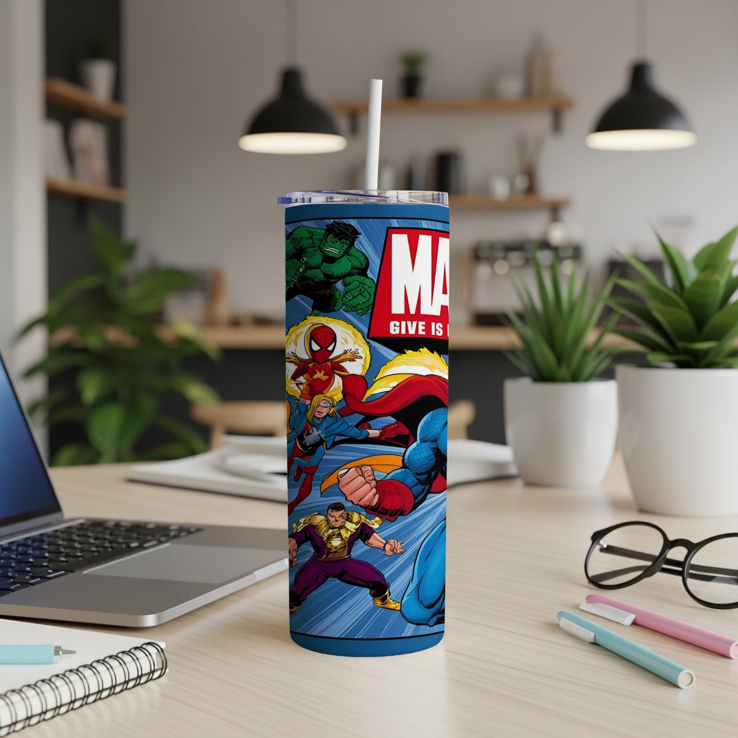 Marvel superheroes collection on a blue tumbler with a white straw.