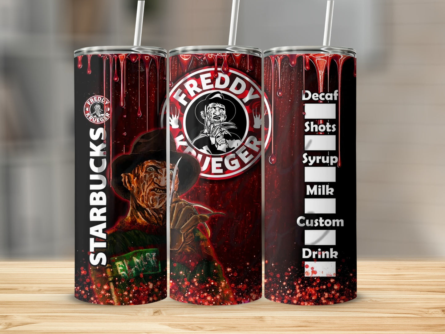 Freddy Krueger Starbucks tumbler with drink customization options.