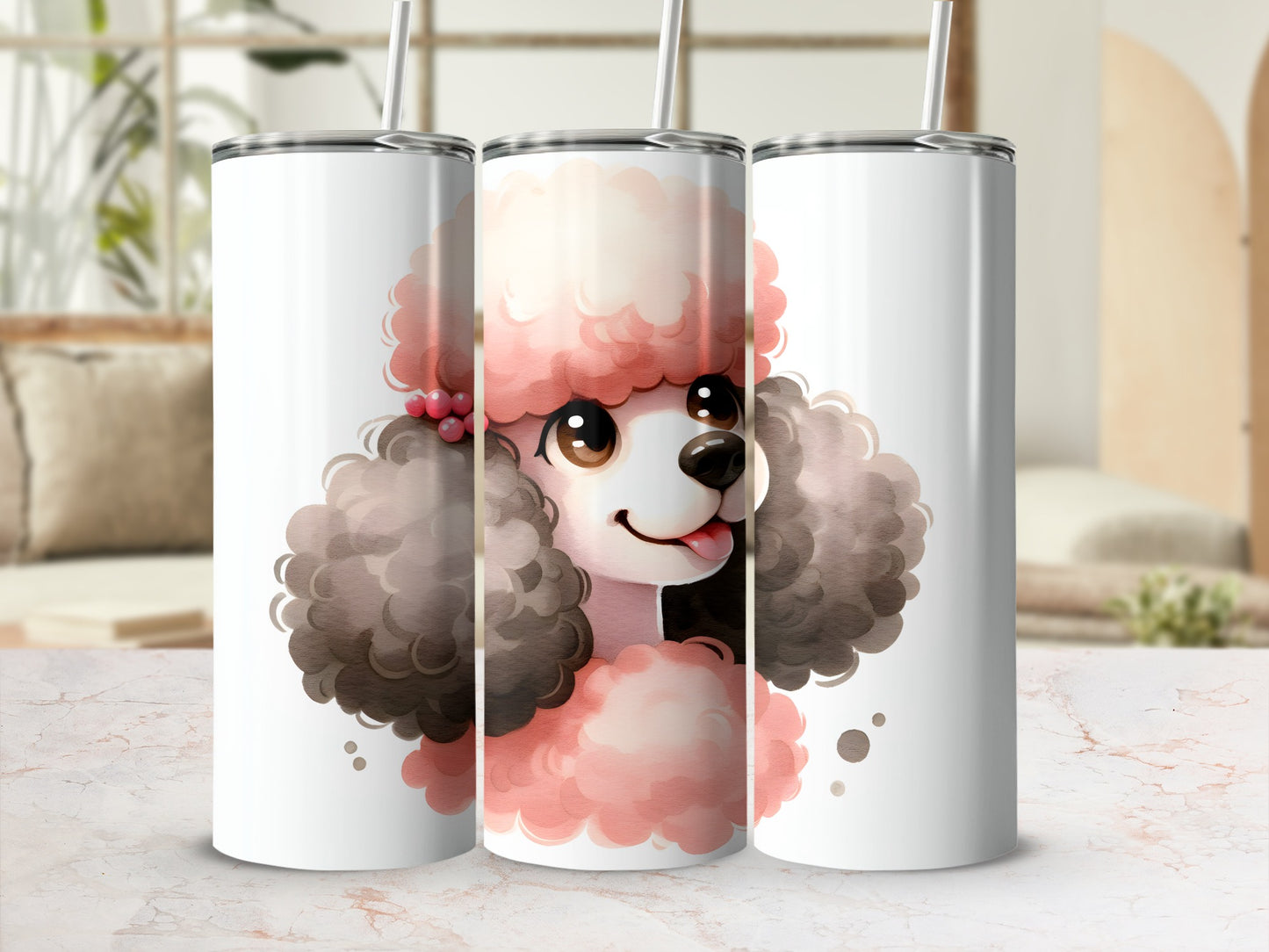 White tumblers featuring a watercolor illustration of a pink poodle.