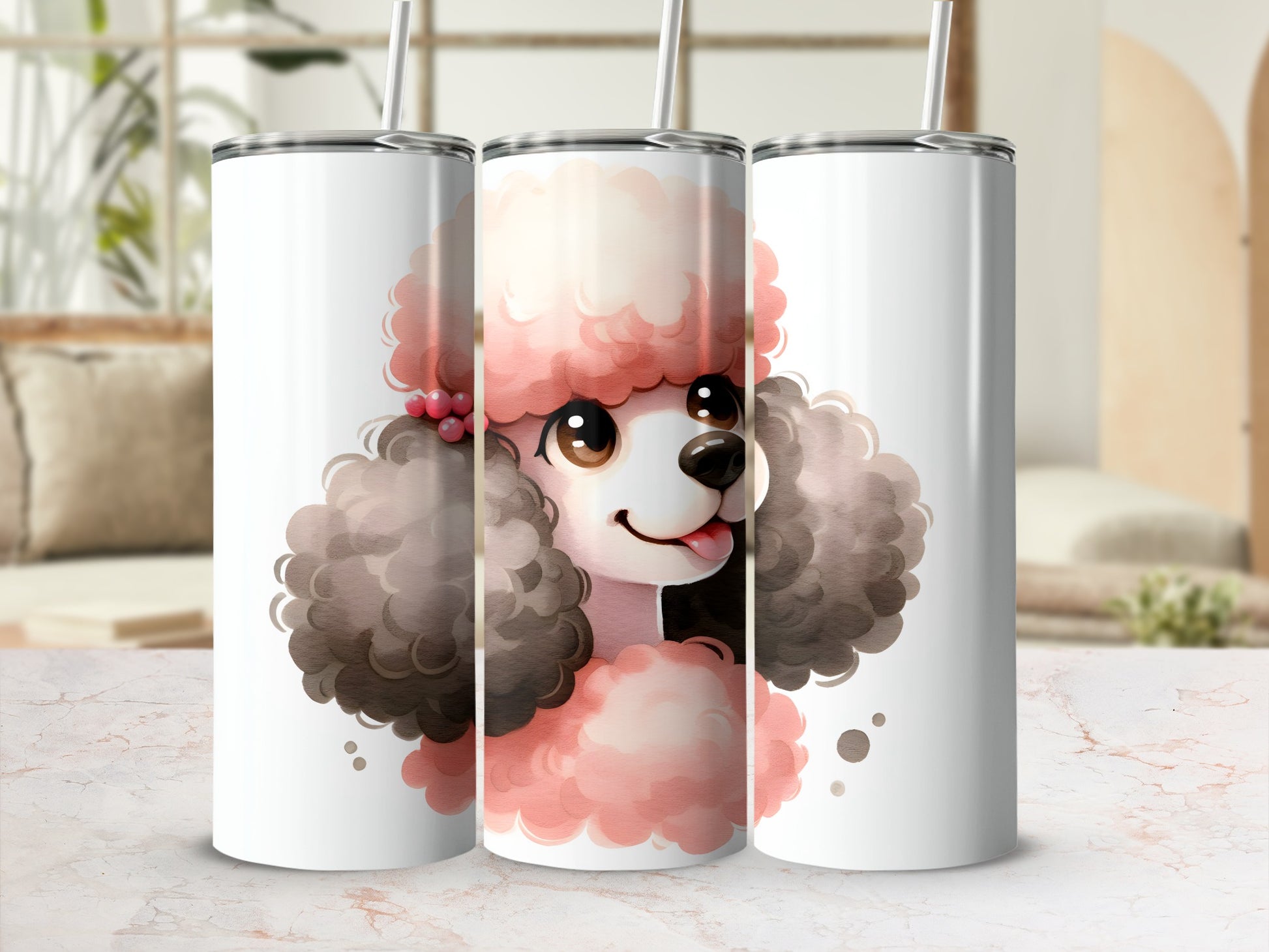 White tumblers featuring a watercolor illustration of a pink poodle.