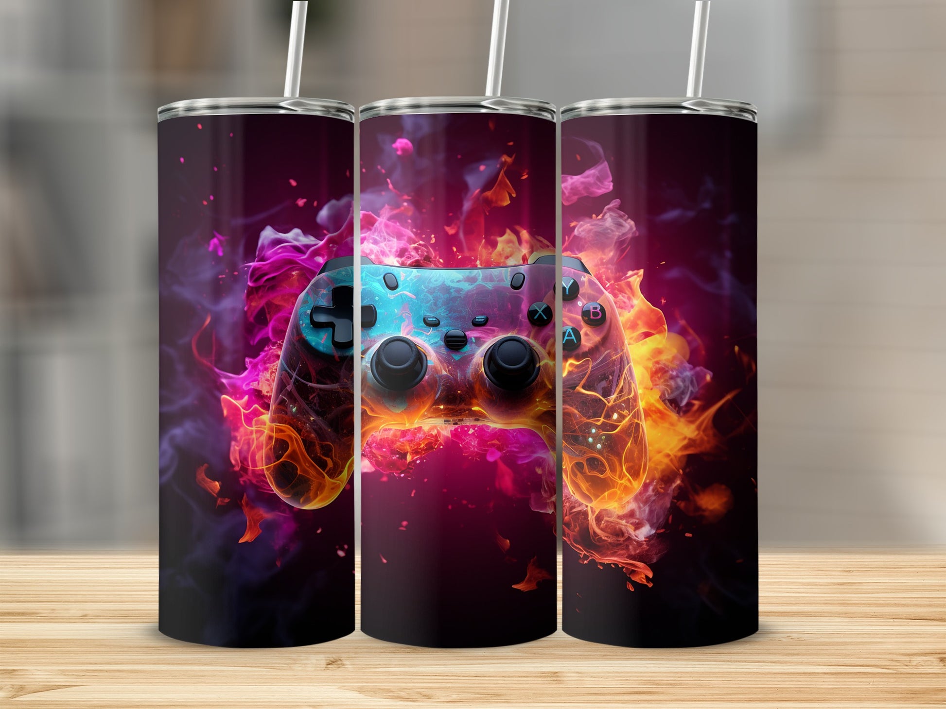 Vibrant Gaming Controller on Fiery Background tumbler