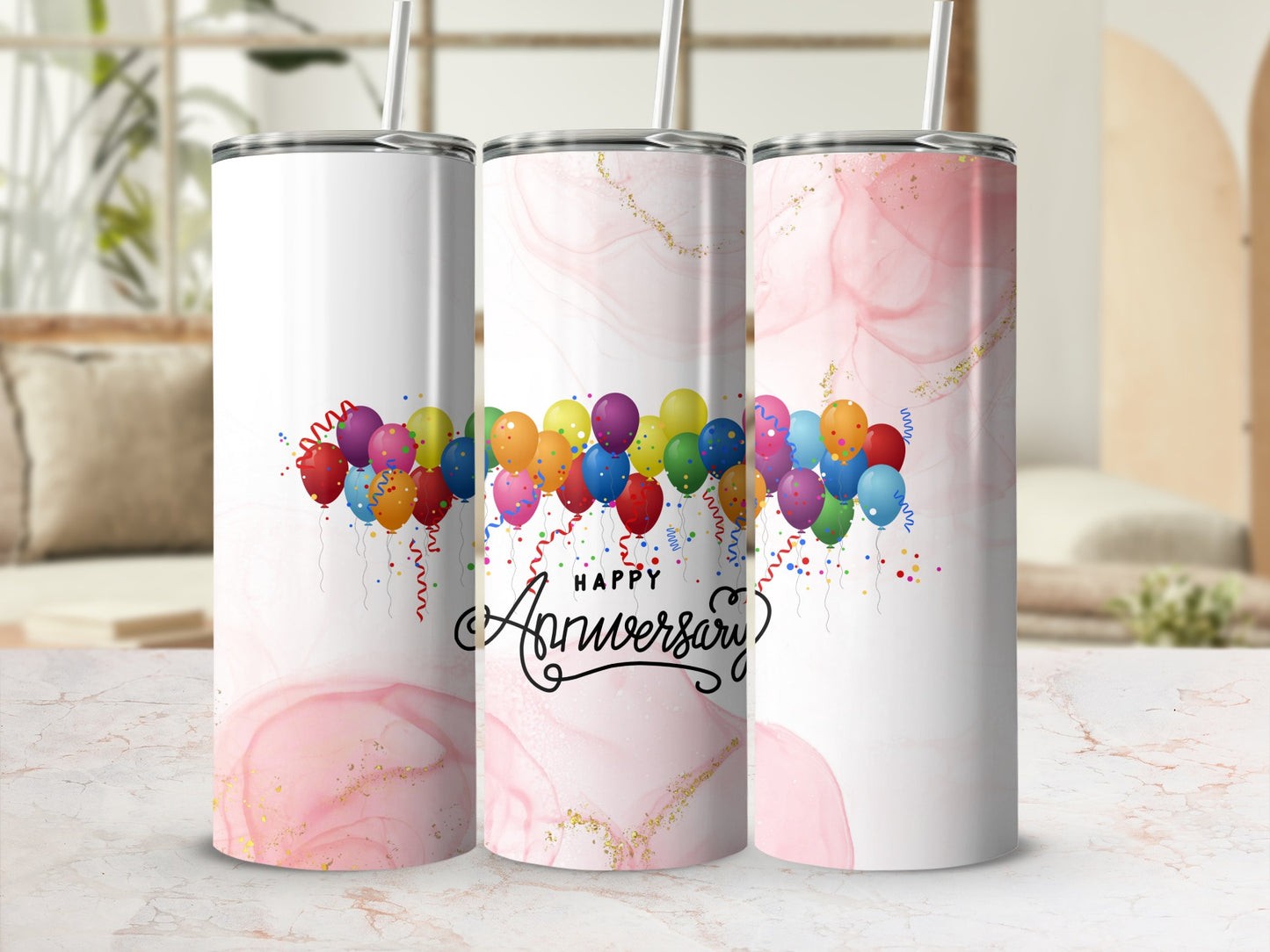 Anniversary tumbler with colorful balloons and pink marble design.