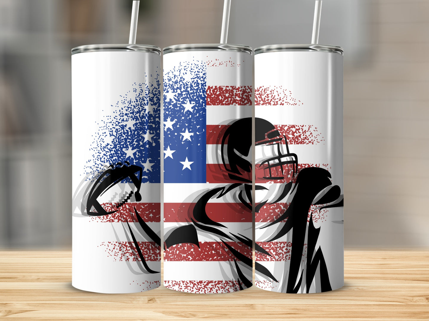 American flag football player graphic on a white tumbler.