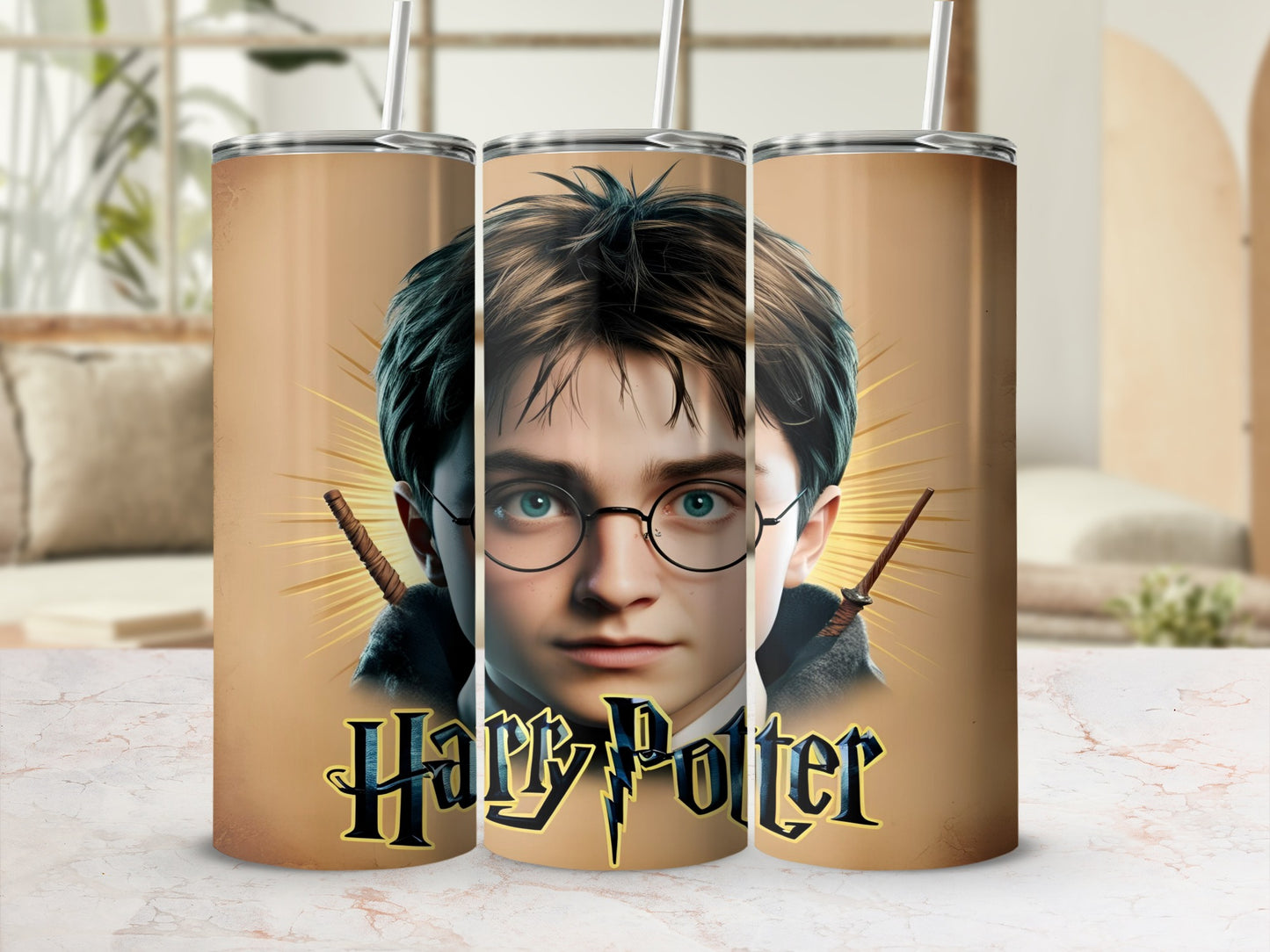 Harry Potter tumbler featuring character portrait and golden magical glow.