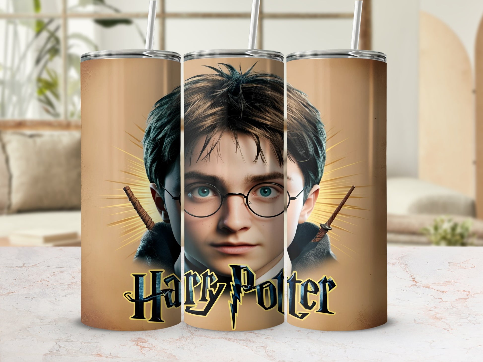Harry Potter tumbler featuring character portrait and golden magical glow.