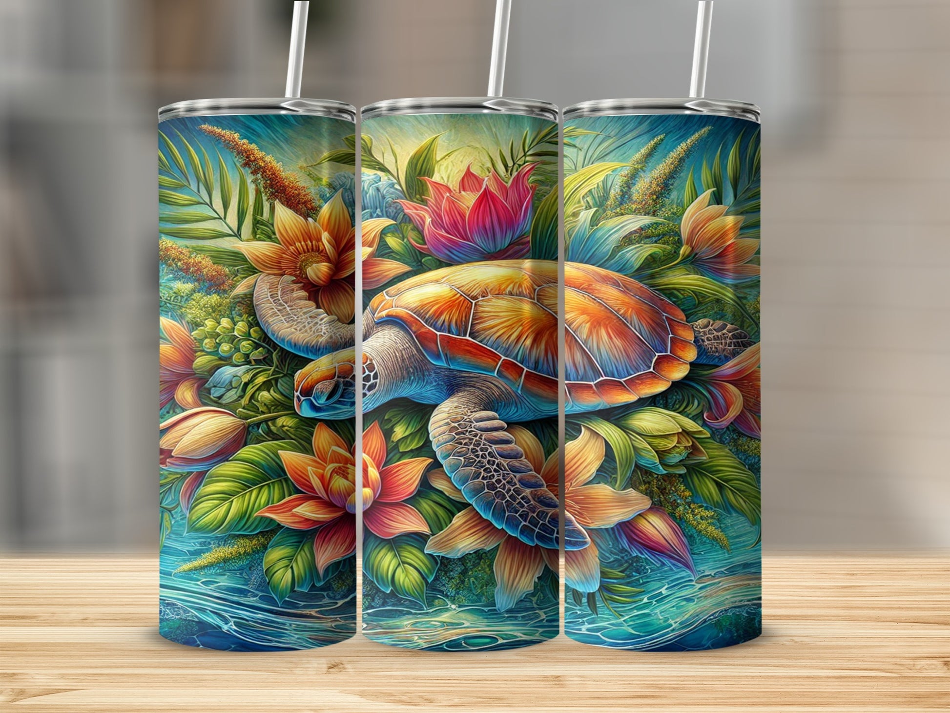 Colorful Sea Turtle and Flowers Tall Tumbler Design
