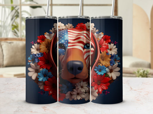 Dachshund's face painted with American flag surrounded by colorful flowers.