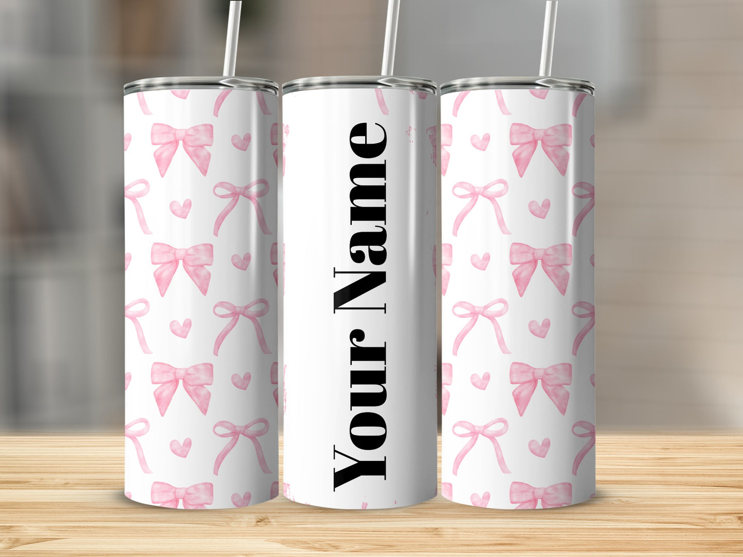 Personalized Pink Bow and Heart Design Tumbler