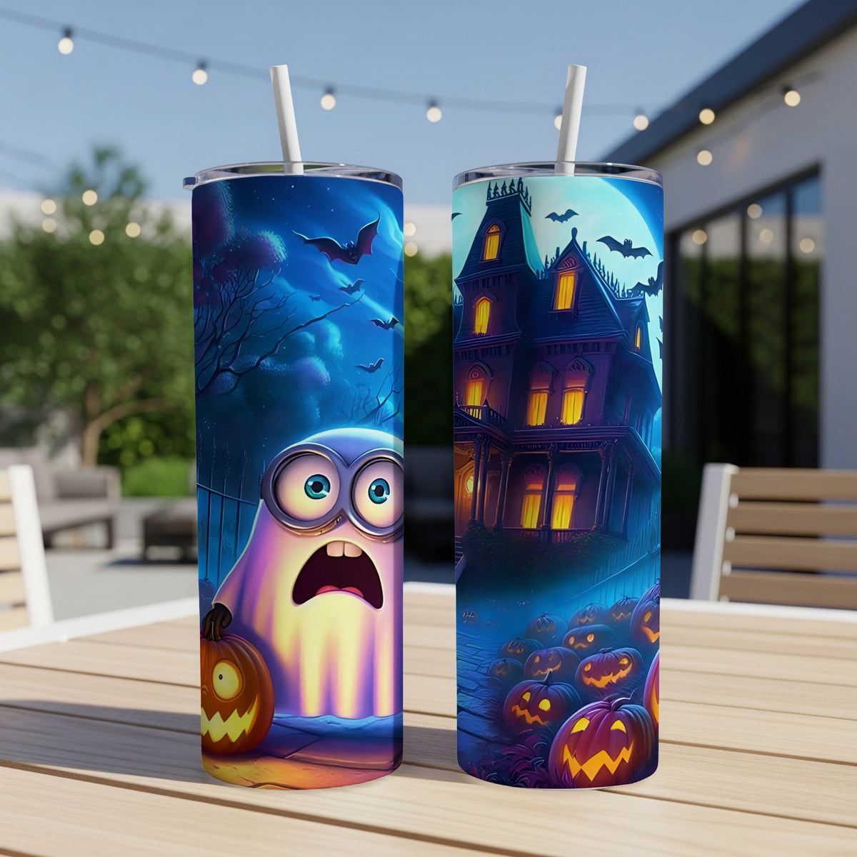 Two Halloween-themed tumblers with a ghost and haunted house design.