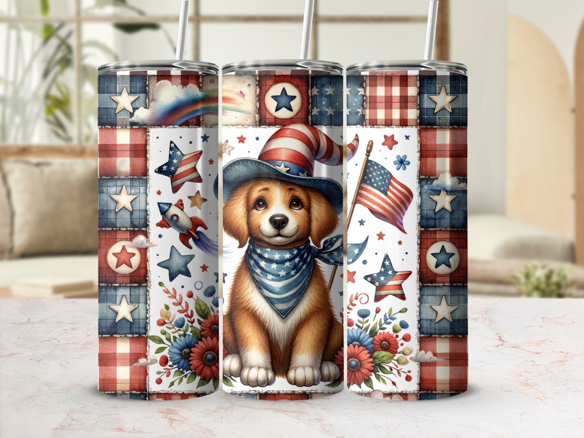 Puppy in patriotic hat and bandana with fireworks and American flag pattern.