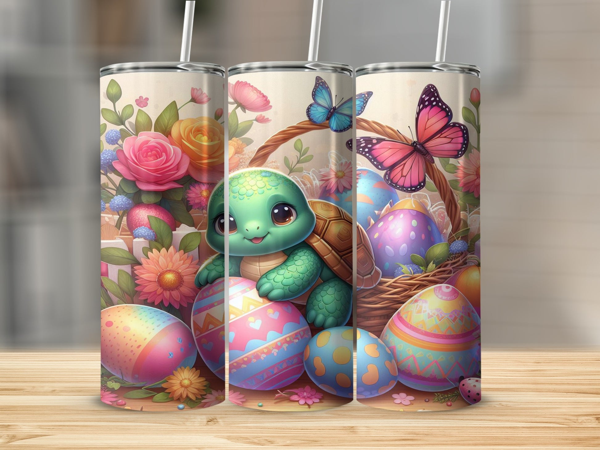 Turtle in Easter basket surrounded by decorated eggs and butterflies.