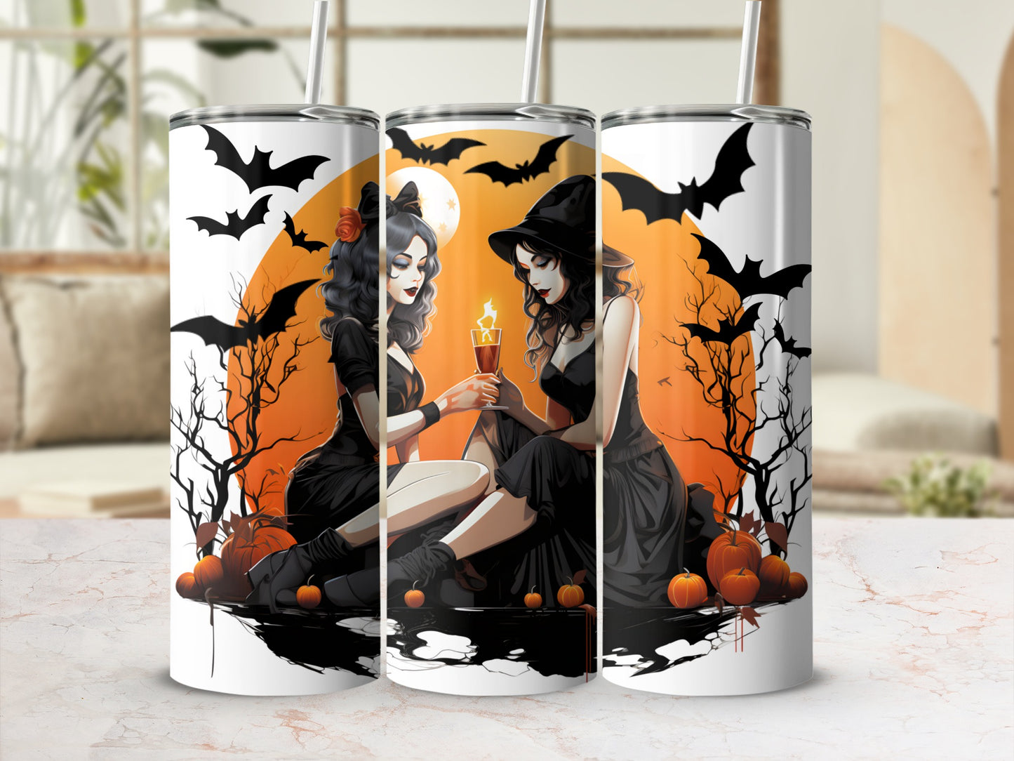Two witches sharing a drink among bats and pumpkins under a full moon.