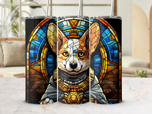 Corgi dog portrait in stained glass style on three tumblers with straws.