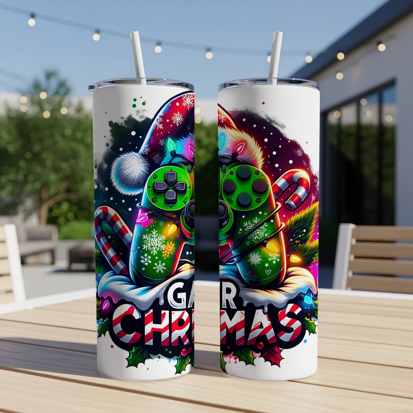 Gaming controller with Christmas decorations on a tumbler.
