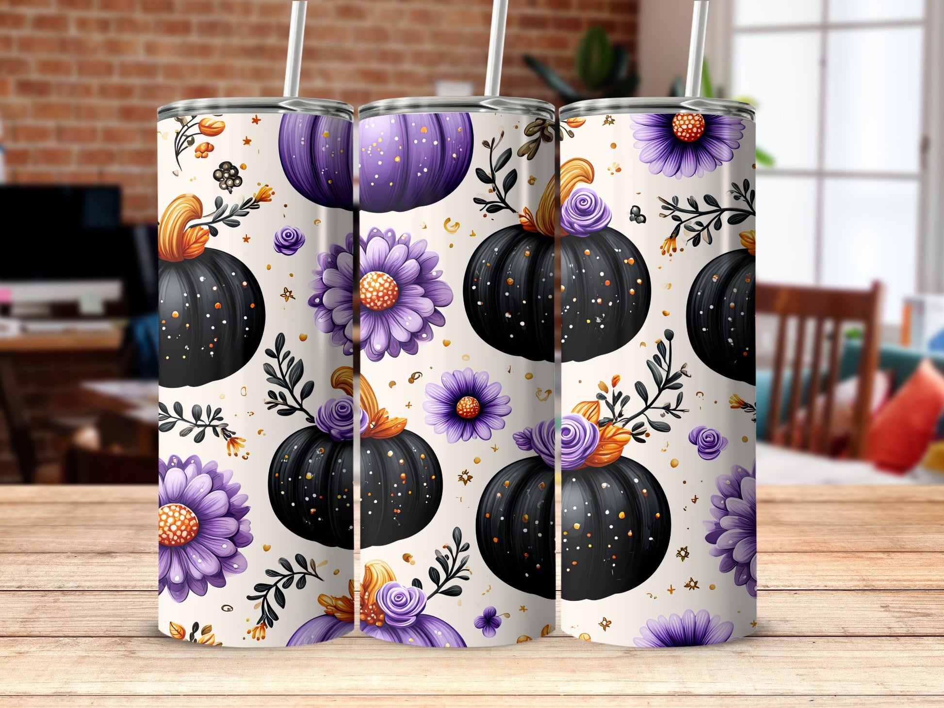 Halloween Themed Floral And Pumpkin Design Tumbler