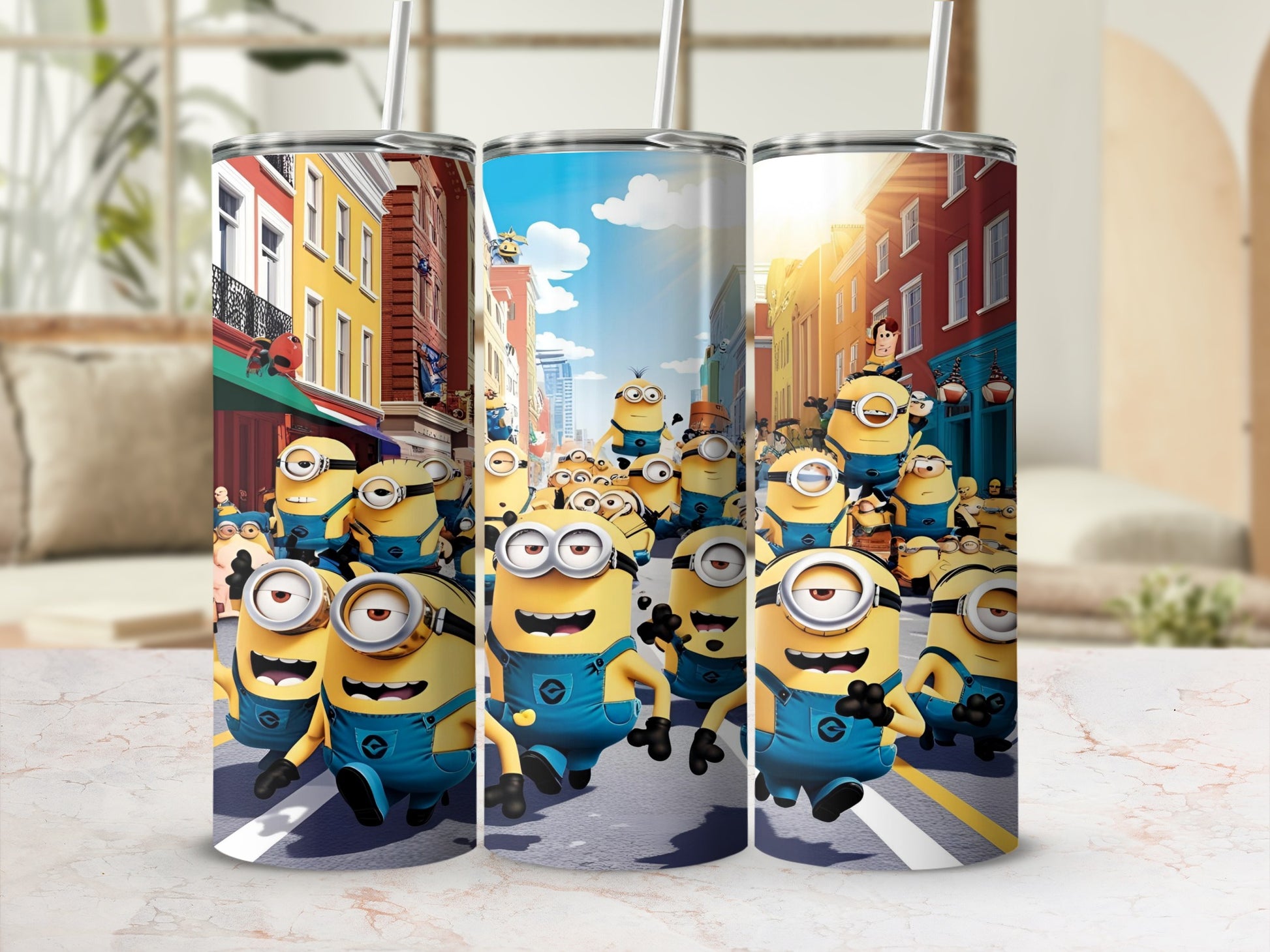 Minions running down a city street, with a sunny blue sky above.