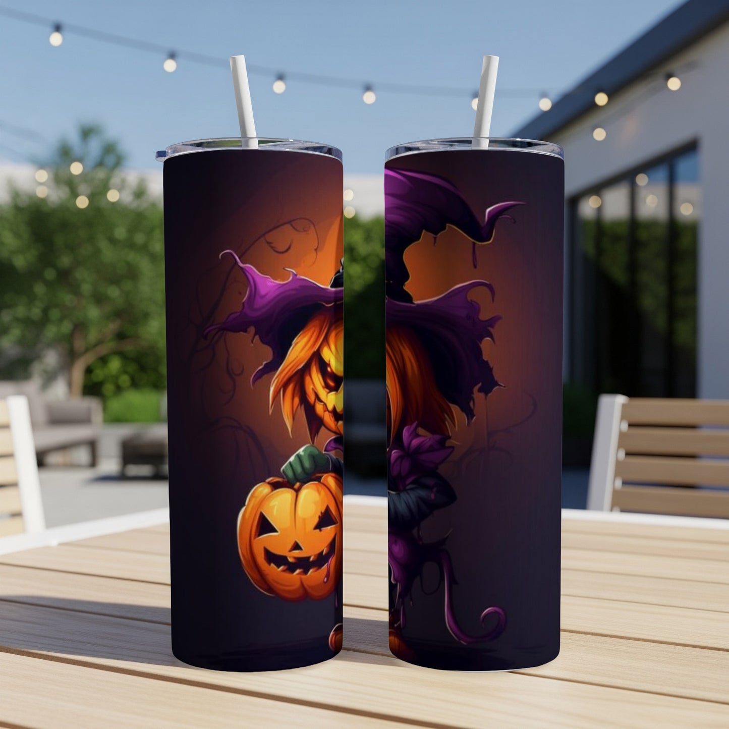 Two tumblers with a spooky jack-o'-lantern character in a witch hat.